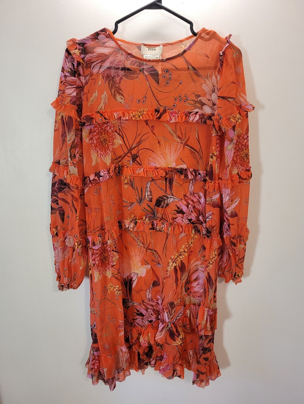 Fuzzi By Jean-Paul Gauthier Floral Ruffle Long-Sleeve Dress in Salmon Orange -xs